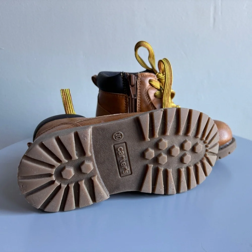 Brown Kids Work Boots with Yellow Laces, Size 10 Toddler
